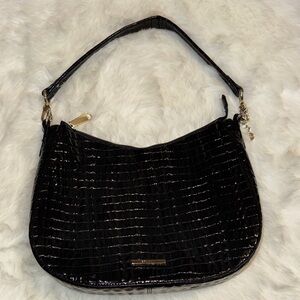 Brahmin Black Croc-Embossed Shoulder Bag with Gold Hardware